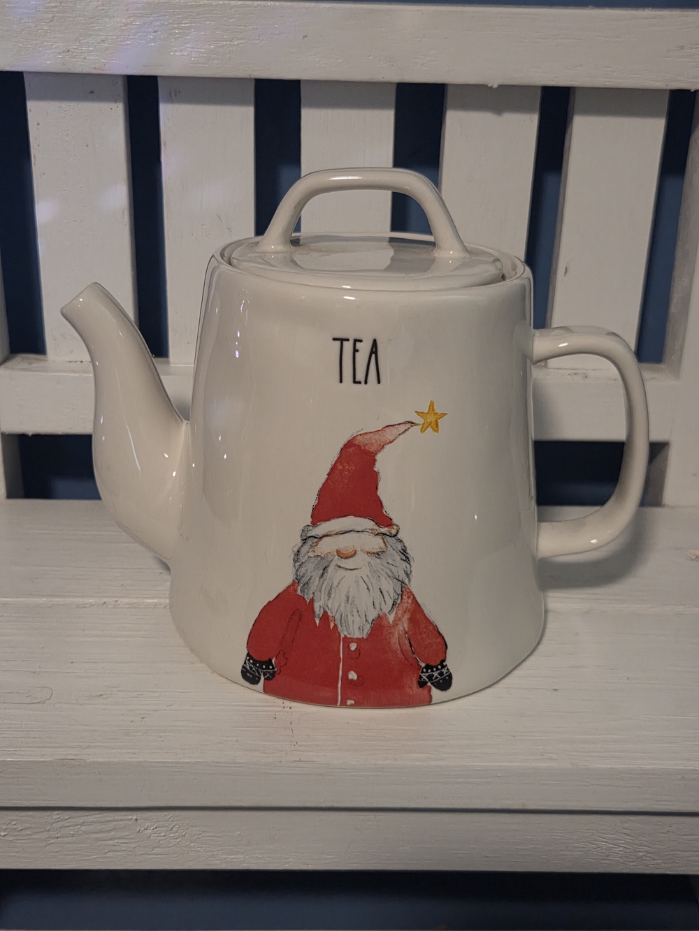 Rae Dunn Festive White Ceramic Tea Pot with Red Santa Illustration